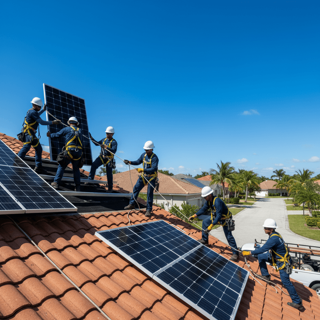 Licensed solar technicians removing solar panels from a residential roof in Florida.